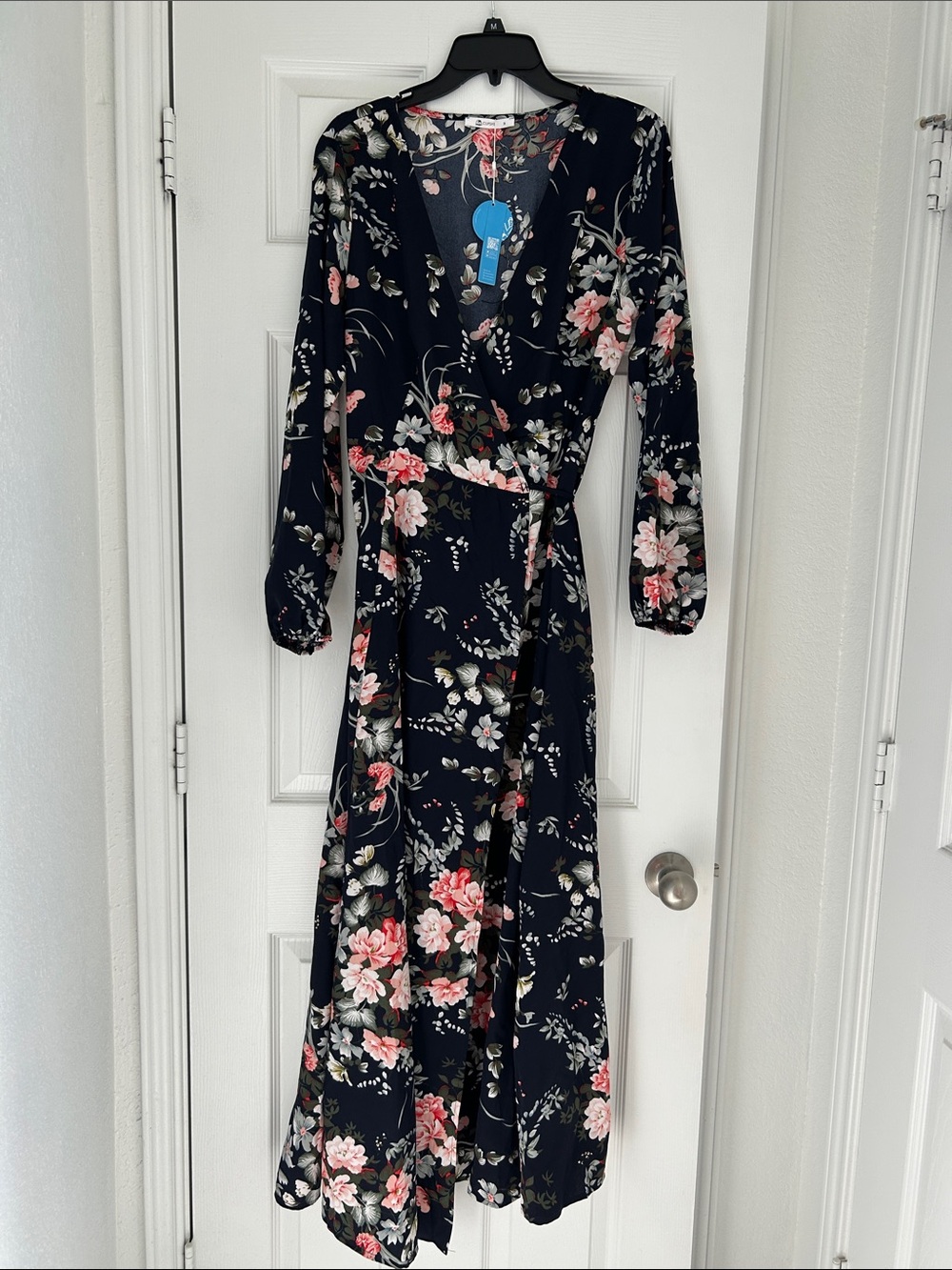 Cupshe Navy Maxi Wrap Dress with Pink & Cream Floral Print